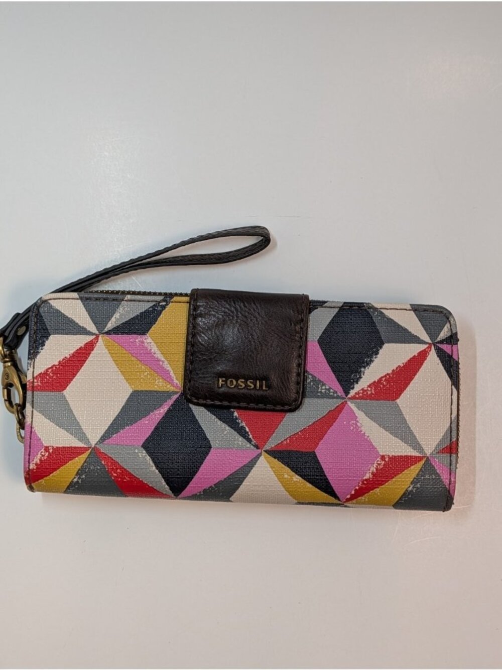 Fossil Zip Around Wallet Geometric Print Multicolor Wristlet Organizer Wallet